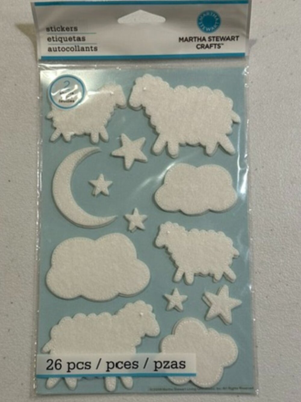 NEW Martha Stewart Crafts White Felt Applique Sheep Moon Star Stickers-26 pieces